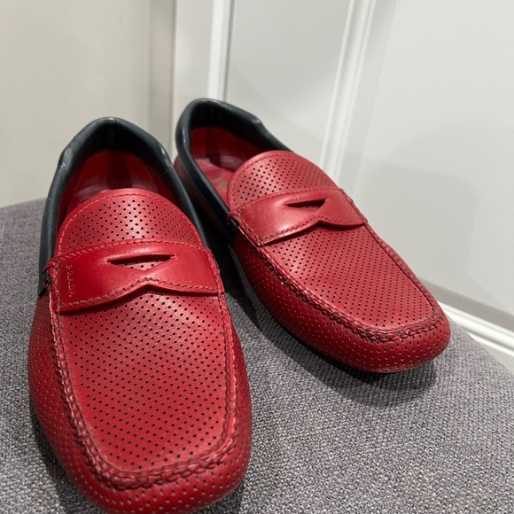 Men’s PRADA Penny Loafers Red/Navy Perforated Leather